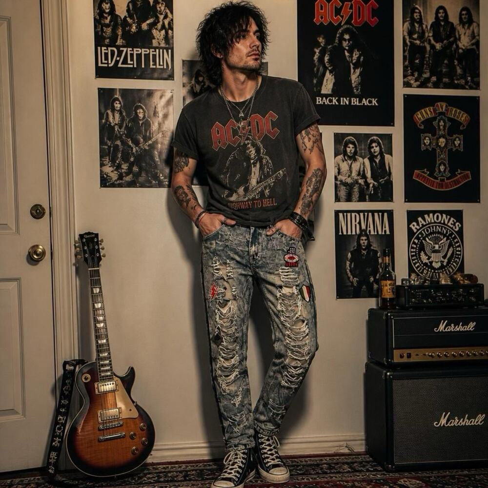 True Rock Jeans Men 36x31 Blue Slim Boot Cut Distressed Thrashed Denim Grunge
